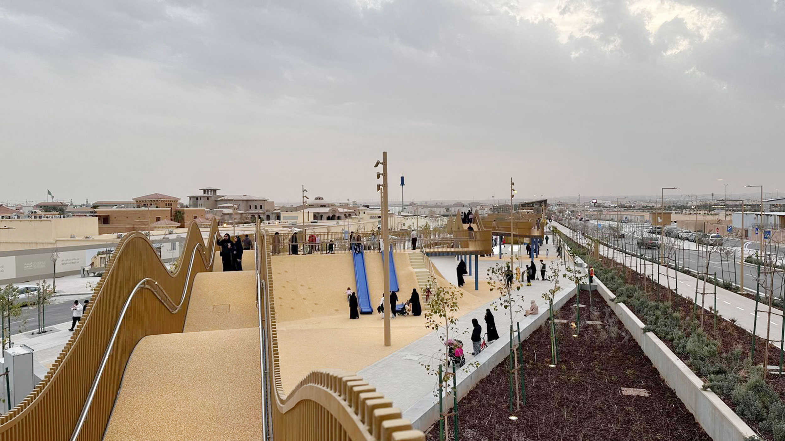 Visitors using a completed section of Sports Boulevard in Riyadh